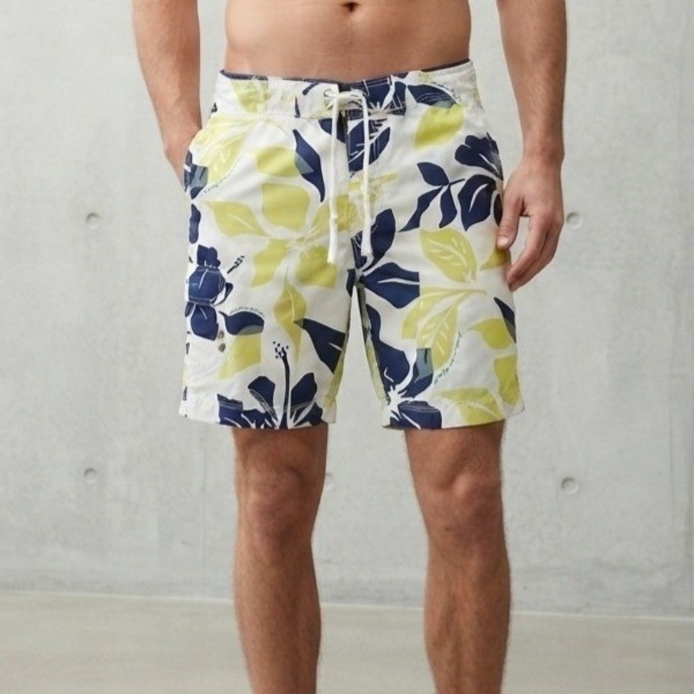 American Eagle Tropical Floral Hibiscus Board Shorts Swim Trunks Navy Lime 32